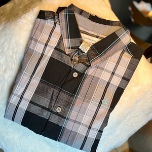 Calvin Klein|Boys' Short Sleeve Button Up Woven Shirt|Black/Gray Checkered| M